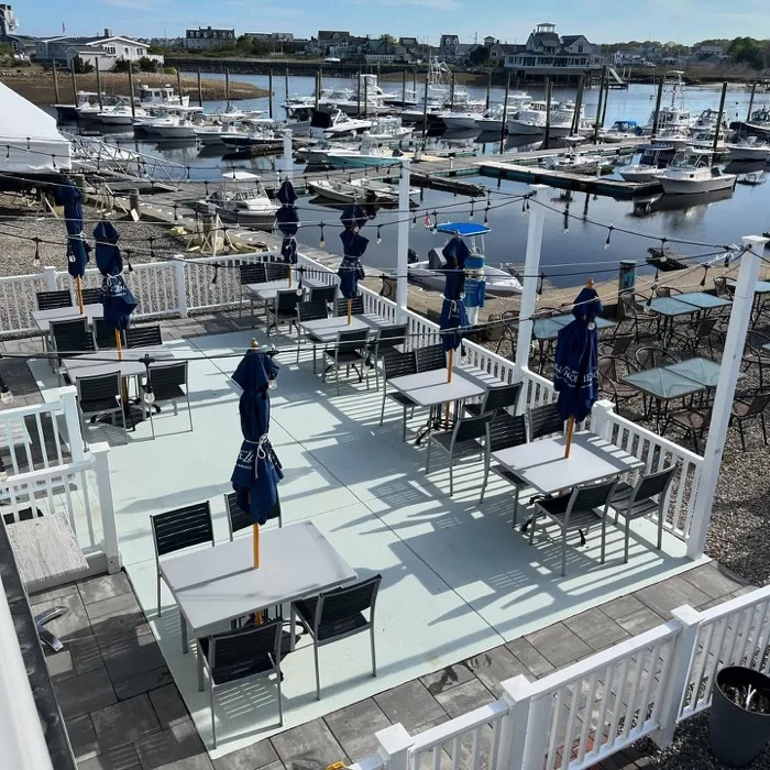 Deck seating overlooking Taylor Marina