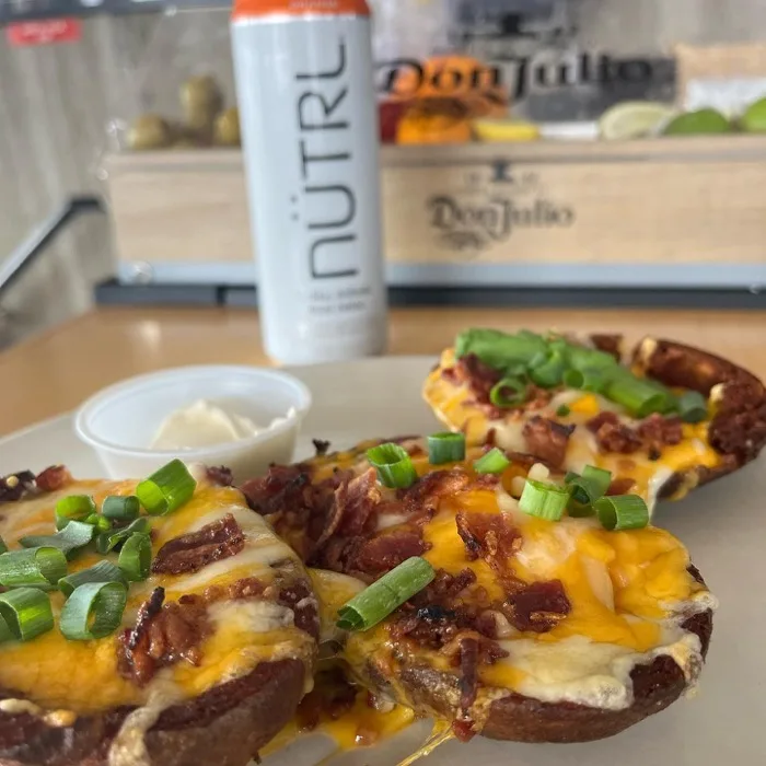 Loaded potato skins with bacon and sour cream